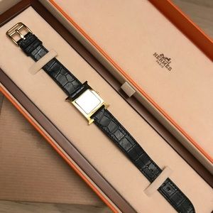 Hermes Yellow Gold-plated  H Watch Alligator Strap